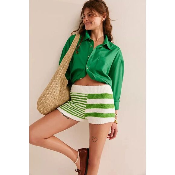FREE PEOPLE BEACH Orlanda Stretch Sweater Knit Micro Shorts Green Stripe SZ M - Picture 2 of 6